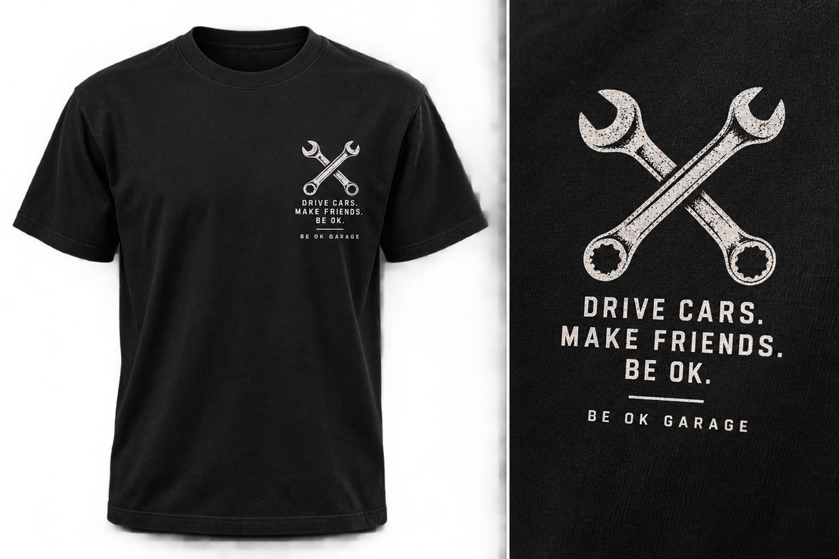 Drive Cars. Make Friends. Be OK. black T-shirt front print design mockup